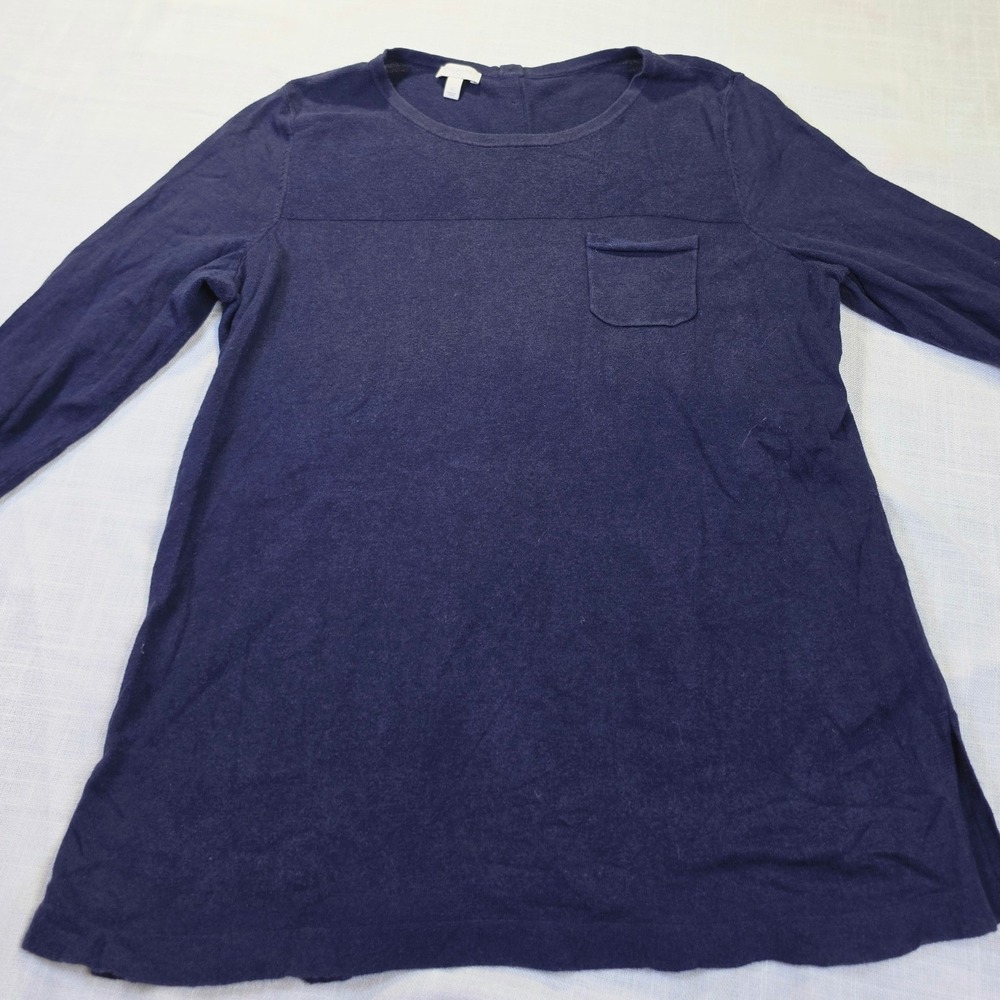 Talbots Navy Cotton Rayon Knit Lng Sleeve Pocket Top Women Boxy Minimalist Small